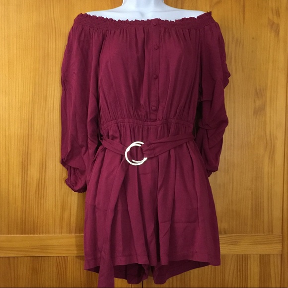New Wine Off the Shoulder Belted Romper - Picture 2 of 5